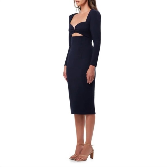 NWT ELLIATT Scarlette Cutout Long Sleeve Sheath Midi Dress in Navy Blue, size L - Picture 3 of 10